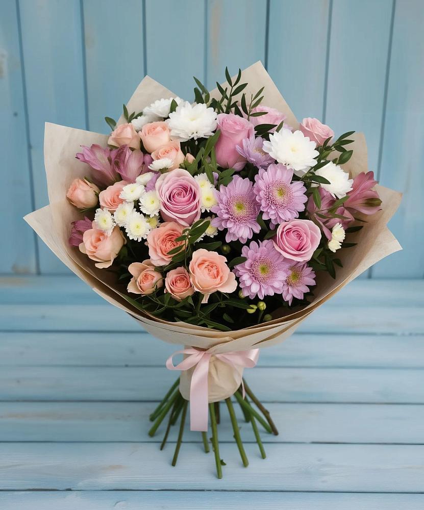 Букет цветов из: Хризантемы, Розы и Альстромерии в Васильевке
