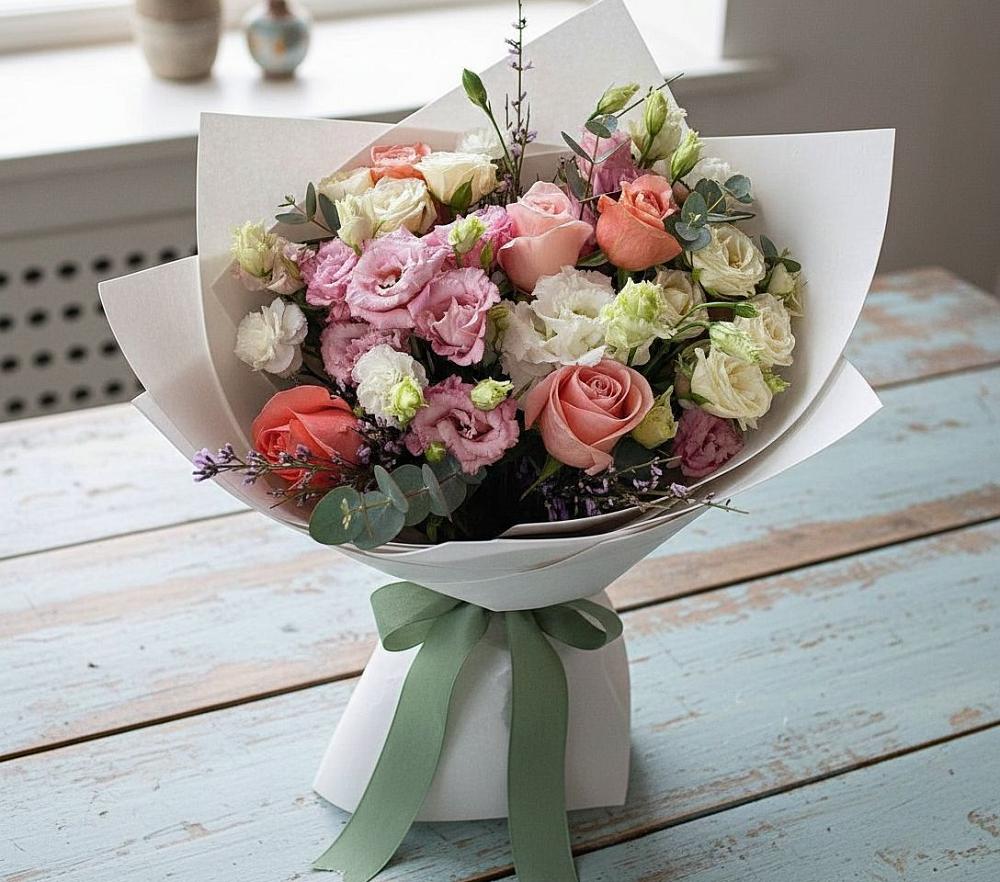 Букет цветов из: Розы, Лизиантусы и Гвоздики в Васильевке