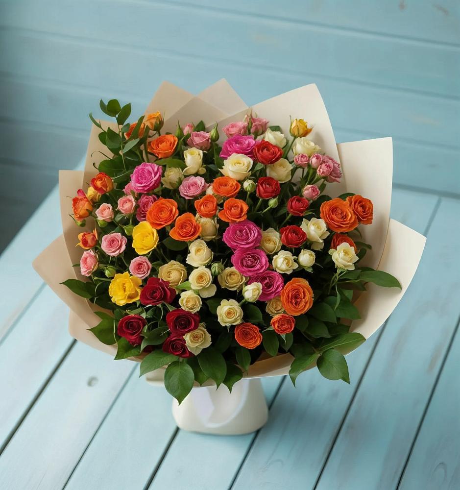 Букет Микс из разноцветных кустовых роз в Васильевке