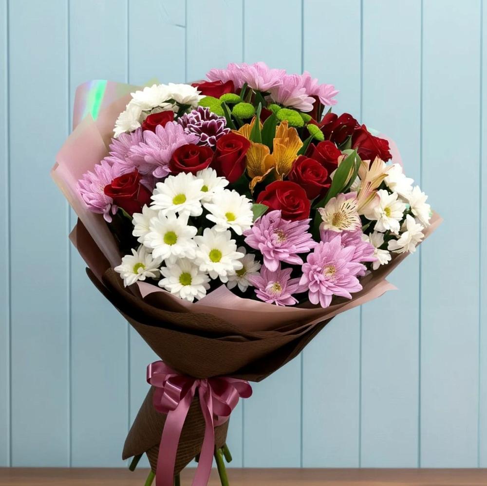 Букет цветов из: Розы, Хризантемы и Альстромерии в Васильевке